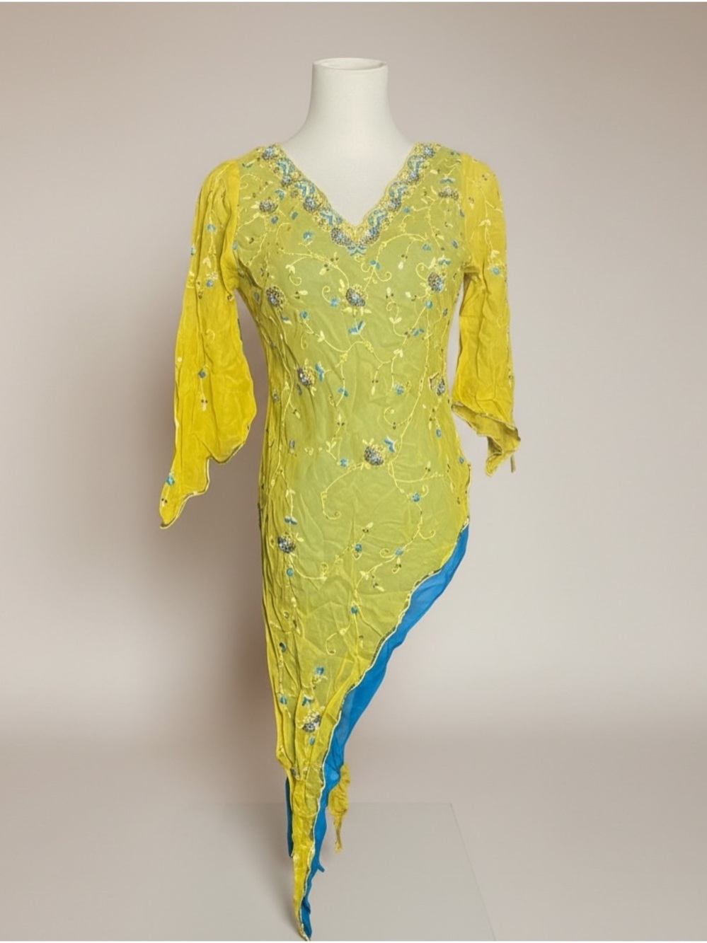Vintage Yellow Embellished and beaded Asymmetric Blouse with Blue underlay